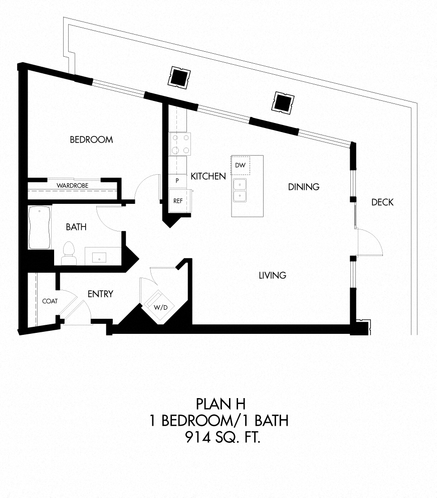 Floor plan for 1 bed, 1 bath, 916 sqft